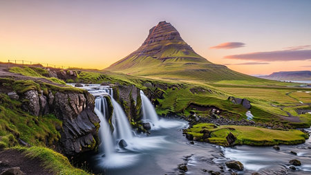 The iconic Kirkjufell mountain in Iceland stands majestically against a soft sunset sky, its distinctive conical shape highlighted by the golden hour light. In the foreground, a series of cascading waterfalls flow over dark, moss-covered rocks into a winding river. The surrounding landscape is a vibrant tapestry of lush green grass and rolling hills, creating a scene of profound natural beauty and tranquility.の素材