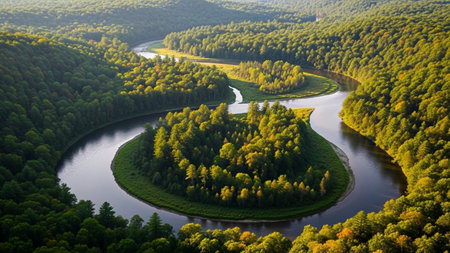 An aerial view captures a serpentine river gracefully winding its way through a dense, lush green forest. The warm, golden light of the setting sun illuminates the vibrant foliage, casting long shadows and highlighting the rich textures of the trees. A small, tree-covered island sits within a prominent bend of the river, adding to the picturesque and tranquil scene. The abundant greenery and clear water reflect the sky, creating a serene and untouched natural landscape.の素材