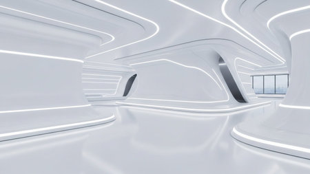 Bright showing futuristic white interior with curved walls illuminated by glowing neon white light strips and a...の素材