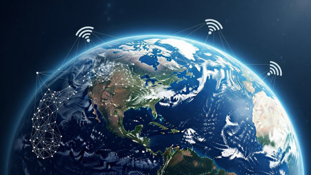 Earth from space glowing network connections and Wi-Fi symbols representing global connectivity and digital...の素材
