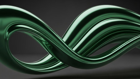 A smooth, metallic green ribbon twists and turns in an infinity loop shape against a dark gray background.の素材