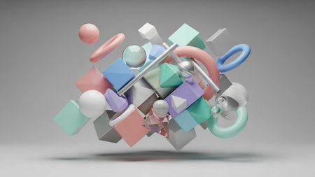 A collection of various 3D geometric shapes in soft pastel colors floating in a studio setting.の素材