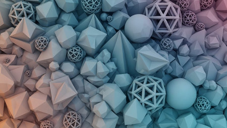 Transitioning showing a multitude of geometric shapes and polyhedra in shades of blue and pink with soft lighting...の素材