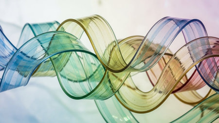 Translucent glass ribbons in a spectrum of rainbow colors are intertwined, creating a flowing, dynamic abstract shape.の素材