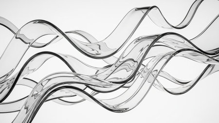 Intertwined transparent glass ribbons form a complex, wavy structure against a bright white background, showcasing...の素材