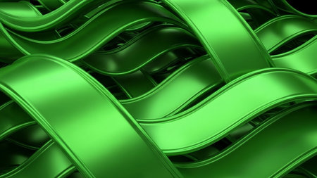 A close-up view of interwoven, shiny emerald green metallic ribbons forming an abstract, flowing organic pattern...の素材