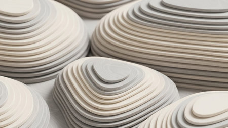 Layered organic shapes in neutral tones of cream and grey exhibit wood grain texture with subtle shadows creating a...の素材