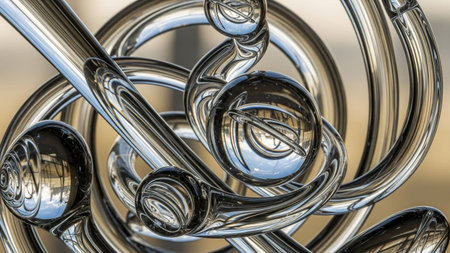 An intricate abstract sculpture made of polished chrome reflective surfaces and swirling, looping forms with a...の素材