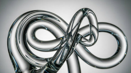 A detailed close-up of a clear glass sculpture forming an intricate infinity loop with smooth curves and light...の素材