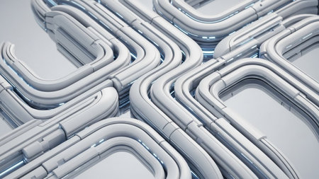An intricate network of interconnected white pipes and tubes with subtle blue light accents creates a clean,...の素材