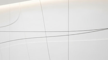 Smooth white curved architectural surfaces are intersected by thin black linear and soft ambient light.の素材