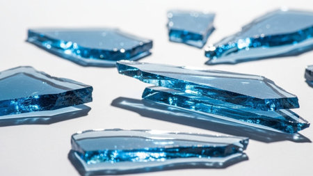 Sharp, bright blue glass shards with reflective surfaces and distinct edges are scattered across a clean white...の素材