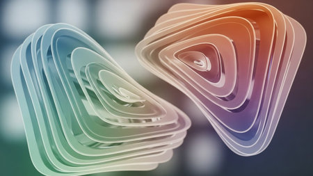 Two abstract geometric sculptures feature layered triangular shapes with a gradient of teal green and orange purple,...の素材