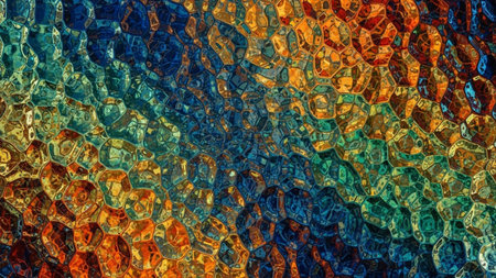 Symmetrical showing vibrant abstract mosaic pattern with hexagonal cells in warm orange, deep blue, and teal green...の素材