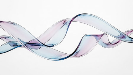 Blue showing transparent twisted ribbon of light blue and pink glass-like on a white background. resolution...の素材