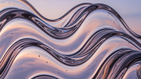 A translucent wavy liquid surface with subtle air bubbles and soft pastel sky reflections, creating a fluid abstract...の素材