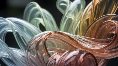 Translucent twisted glass ribbons in amber, teal, and clear colors flow together in an abstract, organic sculpture...の素材
