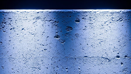 Bright showing rough textured concrete wall illuminated by bright blue light casting dramatic shadows and...の素材