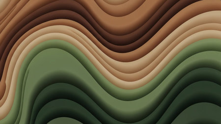 Organic wavy layers in muted brown and green tones create a smooth, flowing abstract background with a topographic feel.の素材