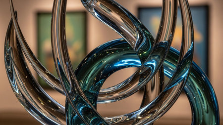 An intricate abstract sculpture made of twisted clear and blue glass with metallic reflections in a gallery.の素材