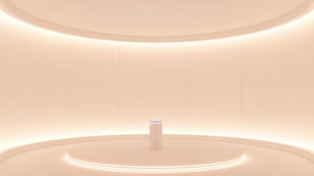 A softly lit peach-toned room a circular display platform with a central pedestal.の素材