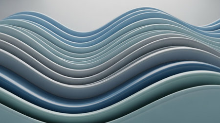Smooth, undulating waves in shades of pastel blue and gray create a serene, flowing abstract background with a...の素材