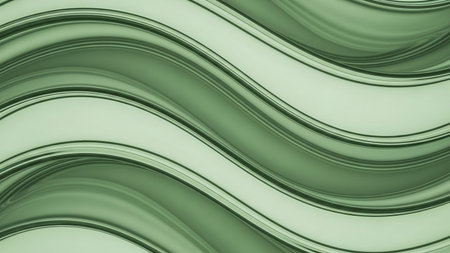 Smooth, flowing green waves with subtle light reflections and shadows create a serene abstract background texture.の素材