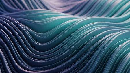 An abstract texture of smooth, undulating lines in shades of teal and deep blue creates a rippling wave-like pattern...の素材
