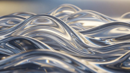 Abstract silver liquid forms undulating waves with a highly reflective metallic surface and dramatic lighting.の素材