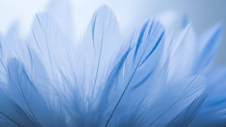 A soft focus macro view of delicate pale blue bird feathers, showcasing their fine texture and gentle light.の素材