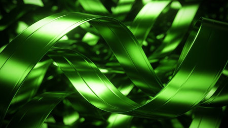 Green showing vibrant green metallic ribbons twisted into an abstract shape with a dark blurred background.の素材