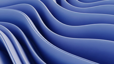 Smooth, undulating blue waves create an abstract flowing organic background with subtle highlights and shadows.の素材