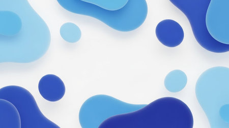 Soft and deep blue organic liquid shapes gently float on a clean white background, creating a minimalist and serene...の素材