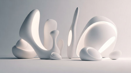 Smooth, white abstract organic shapes with soft internal glowing light are arranged on a clean, light gray studio...の素材