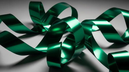 A shiny metallic emerald green ribbon is elegantly curled and twisted into flowing organic shapes on a neutral gray...の素材