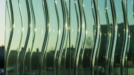 Vertical wavy glass panels create a textured pattern, reflecting buildings and the sky in soft green and teal hues.の素材