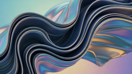 Abstract swirling waves of iridescent metallic fabric catch soft gradient light, creating a fluid and reflective...の素材