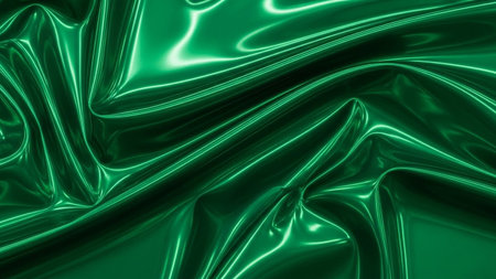 A close-up of lustrous emerald green fabric draped in waves, showcasing bright highlights and deep shadows, creating...の素材