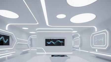 Futuristic white interior room with glowing neon blue light strips on walls and ceiling and integrated display screens.の素材