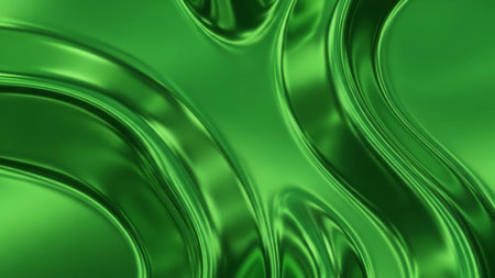 A vibrant emerald green metallic surface smooth, flowing organic waves with prominent reflective highlights and a...の素材