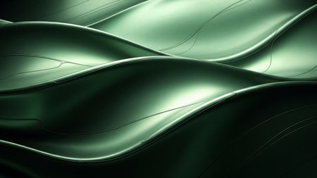 Abstract undulating waves of metallic green with subtle linear details and highly reflective surfaces.の素材
