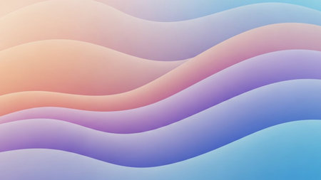 Soft pastel gradient waves of pink, purple, and blue create a smooth, ethereal, and calming abstract background with...の素材