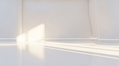 A minimalist bright white studio interior soft sunlight casting long geometric shadows across a smooth glossy floor.の素材