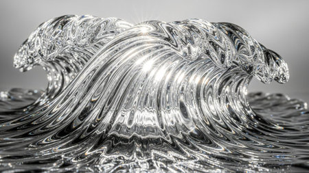 A close-up view of a clear glass sculpture depicting two crashing ocean waves with bright sun glare and reflections.の素材