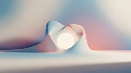 142723 showing soft pastel abstract sculpture with flowing curves and a glowing orb at its center. resolution...の素材