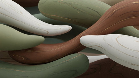 Organic abstract forms with a matte texture in muted sage green, terracotta brown, and off-white hues create a...の素材