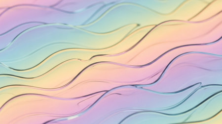 Translucent iridescent layers form smooth wavy lines in soft pastel colors creating a gentle flowing abstract gradient.の素材