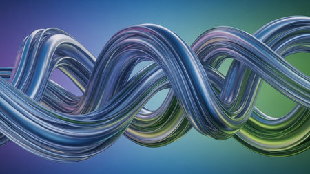Intertwined metallic silver and blue ribbons create a smooth, helical structure against a colorful gradient...の素材