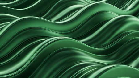 A close-up view of a smooth, undulating surface with the appearance of deep emerald green metallic liquid, creating...の素材