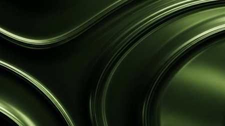 Abstract background featuring flowing, smooth, deep emerald green metallic swirls with reflective surfaces and...の素材